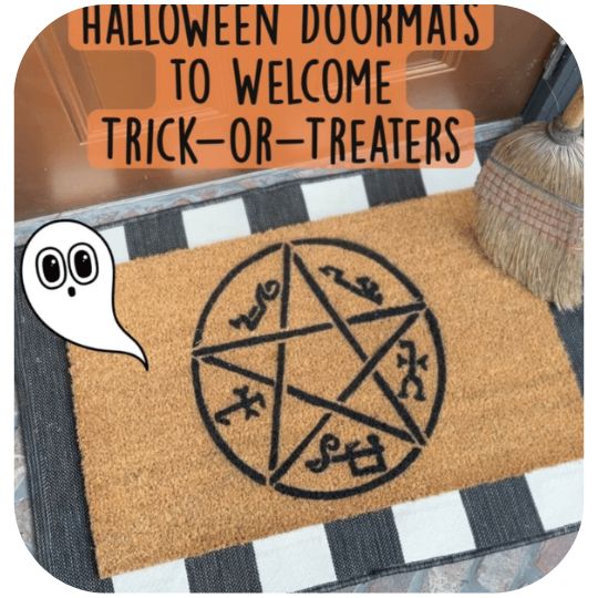 Devil's Trap Supernatural Pentagram Halloween doormat at a front porch decorated for Halloween on a striped doormat