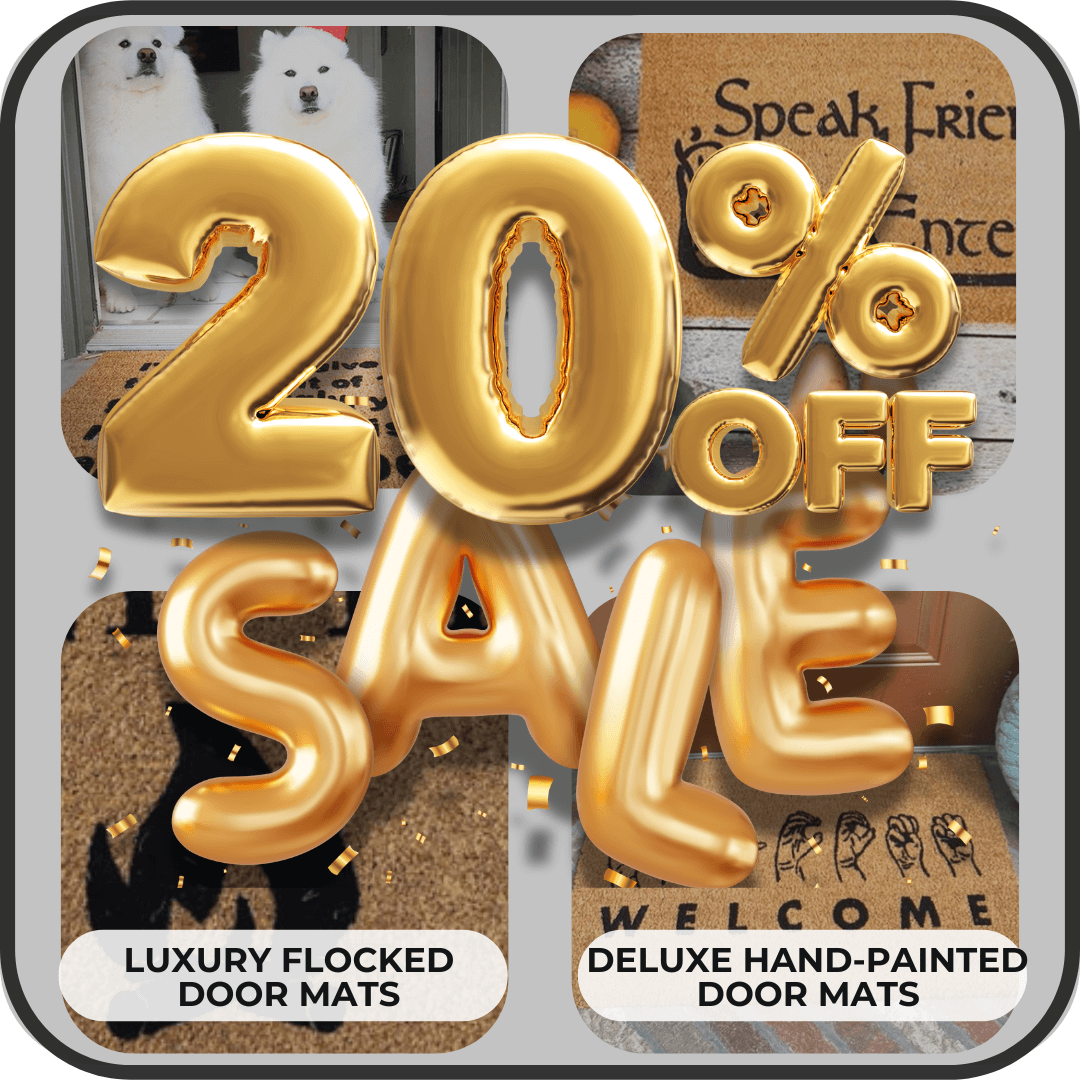 Promotional graphic for 20% off sale on luxury door mats