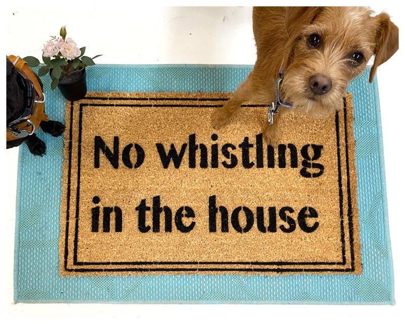 Coraline quote "No whistling in the house" coir doormat with a curious red terrier looking u