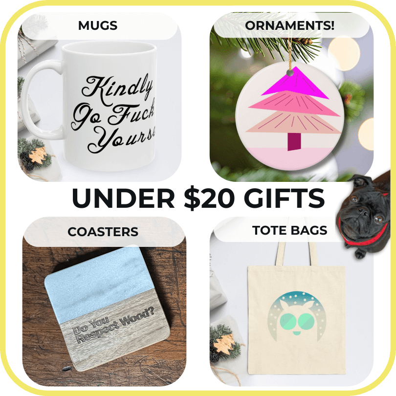 PROMOTIONAL GRAPHIC FOR GIFTS UNDER $20 FROM DAMN GOOD DOORMATSS