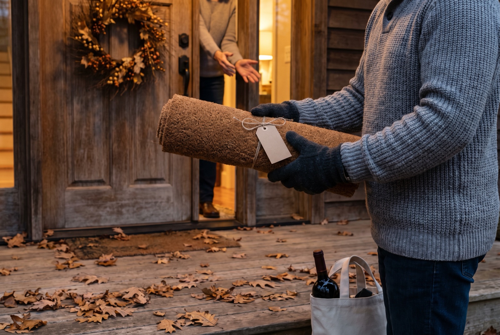 A doormat given as a host gift on a front porch.