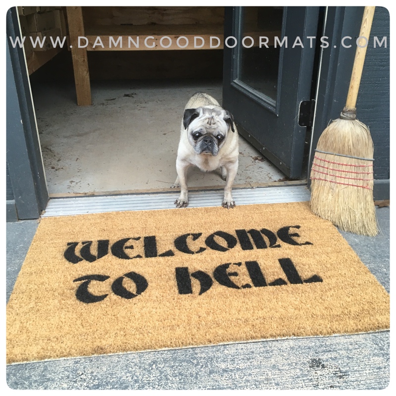 Coir doormat with gothic Welcome to Hell lettering, funny front door welcome mat