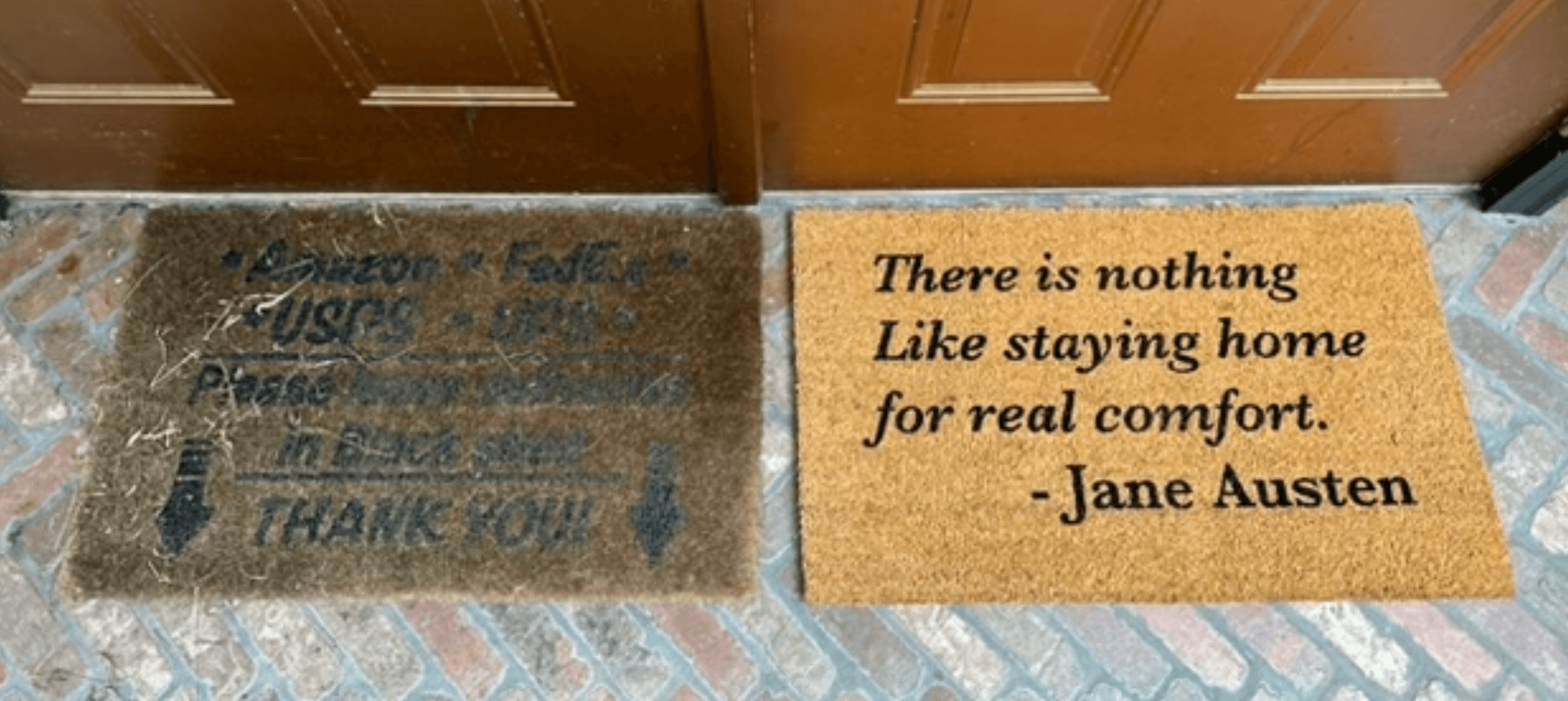 Worn out old doormat next to a new coir doormat, the upgrade every remote employee needs