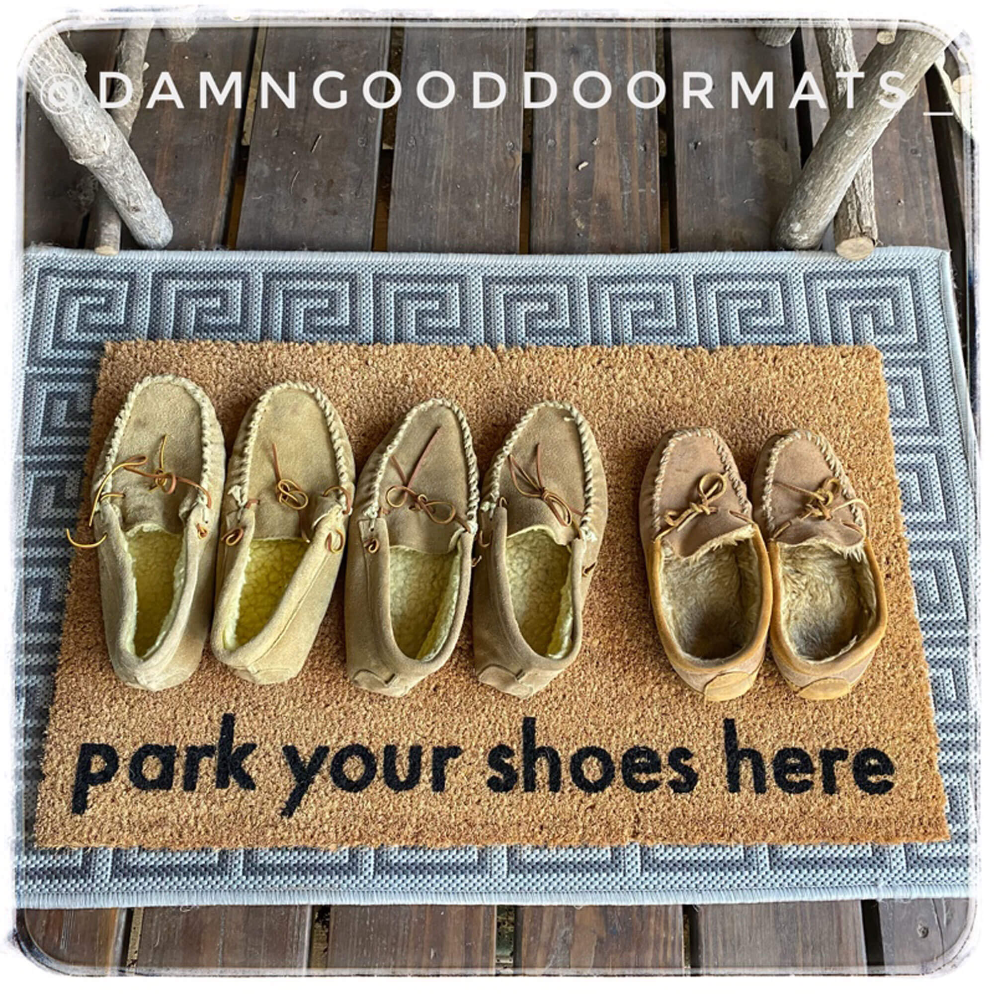 Park your shoes here doormat with 3 pairs of cosy slippers on it