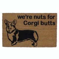 coir outdoor doormat with a welsh corgi drawing saying were nuts for corgi butts