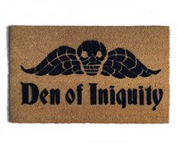 natural coir doormat with gothic skull with wings reading "den of iniquity"