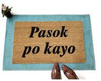 Filipino Pasok po kayo welcome coir doormat photo with paisley boots