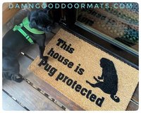 Lifestyle photo of black pug with doormat "This house is Pug protected"