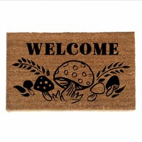 photo of coir outside door mat with vintage 70s groovy mushroom design Welcome