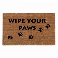 sustainable coir doormat with dog paw prints reading "wipe your paws"