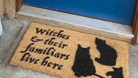 a witch and her familiar live here black cat halloween gothic home doormat