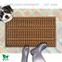 subtle fuck donald trump doormat in abstract contemporary design eith terrier dog looking up 