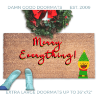 Merry Everything holiday doormat in red writing with a funny elf and blue boots