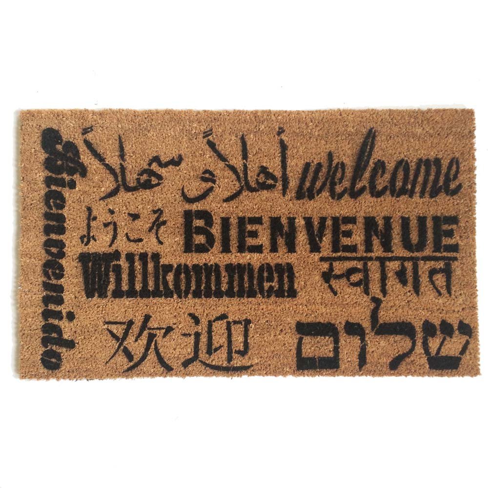 Welcome in all languages doormat in French, Spanish, Hebrew, Arabic, Italian,