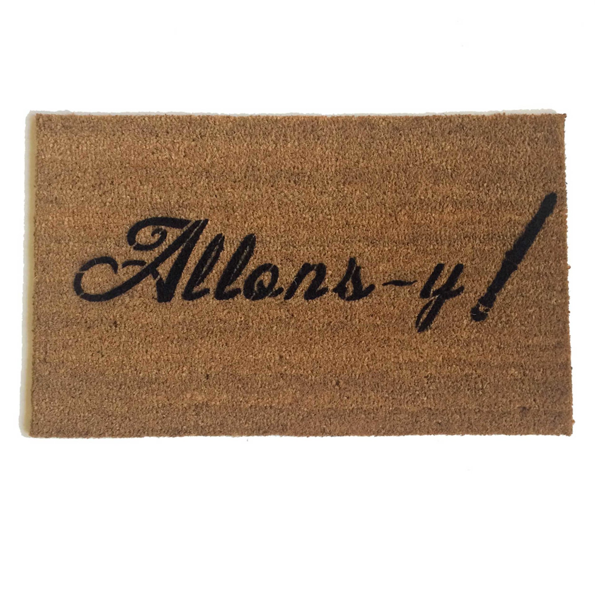 coir outdoor doormat reading allons-y with a sonic from doctor who