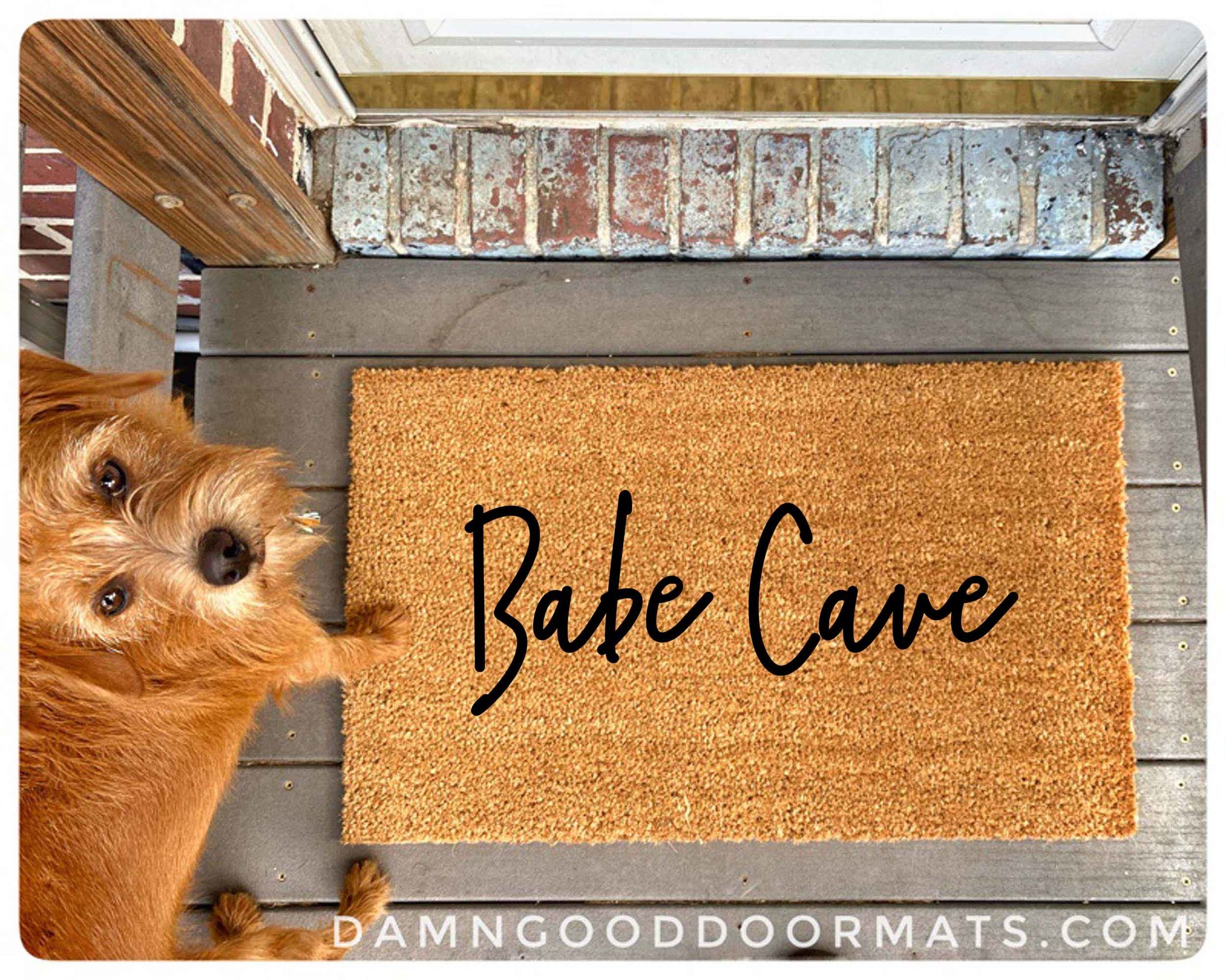 photo of an outdoor coir doormat reading "Babe Cave" with a red rescue terrier d