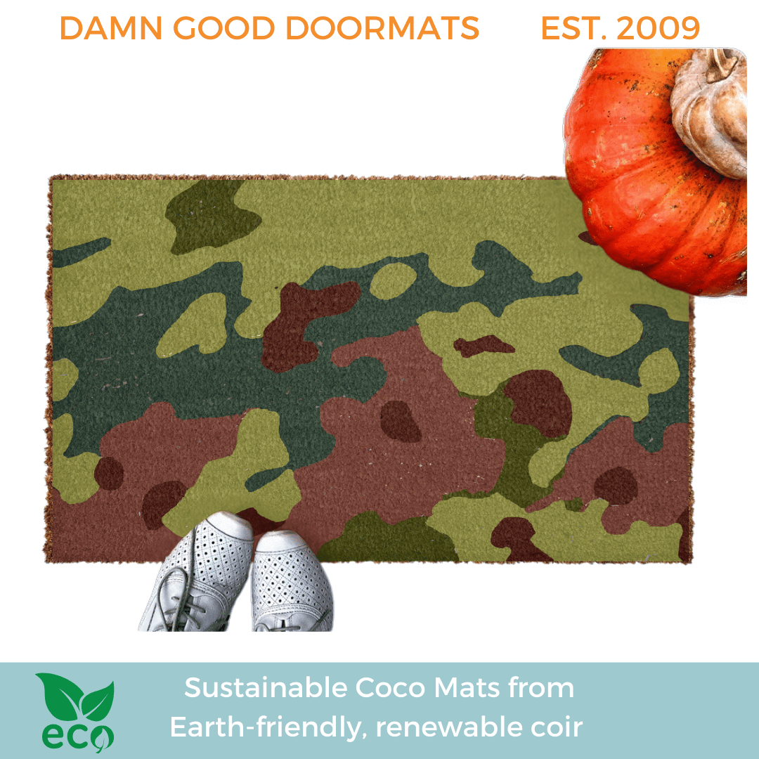 all natural coir doormat with a khaki camouflage camo pattern and pumpkin