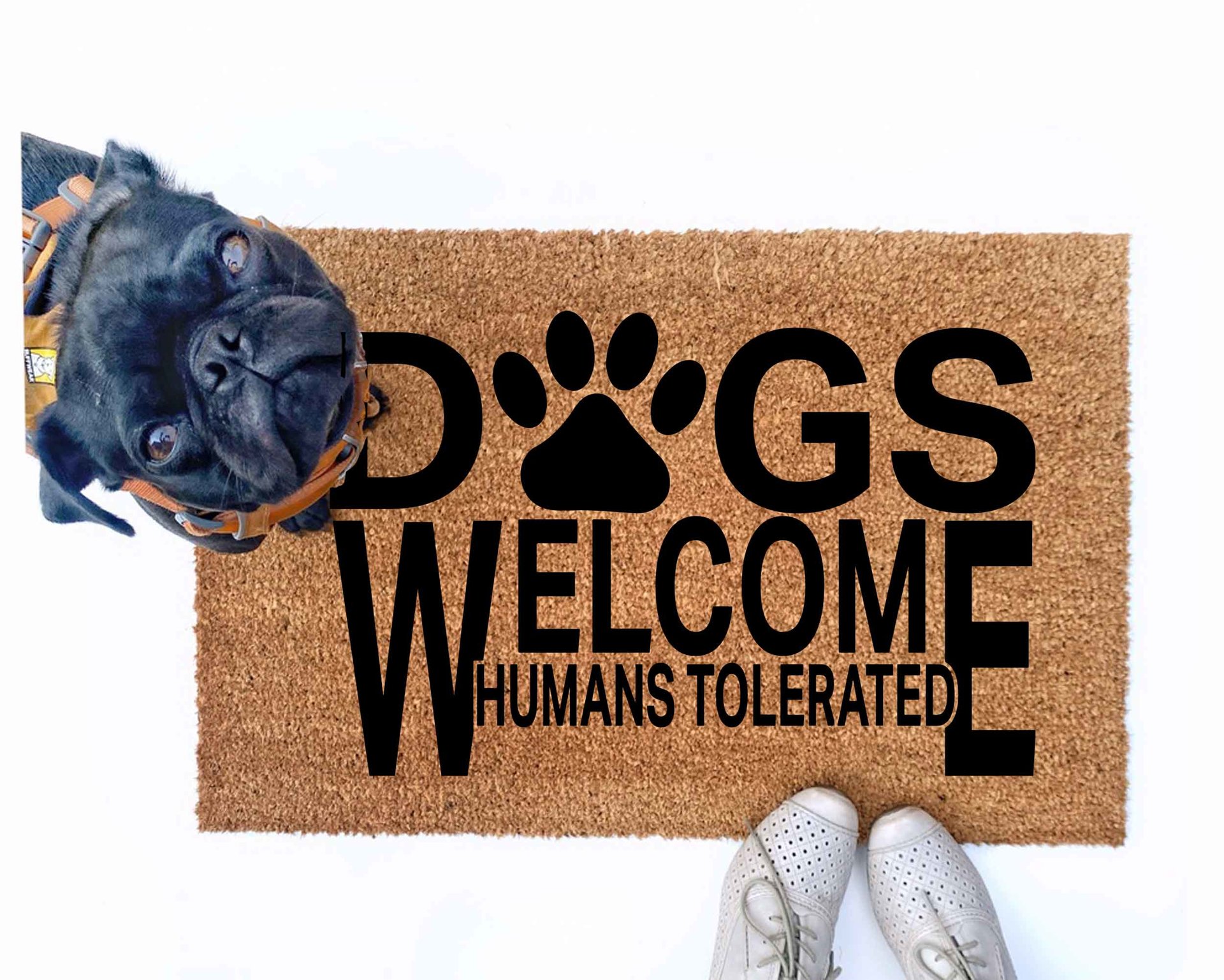 Dogs welcome, Humans tolerated doormat pictured with a silly black pug