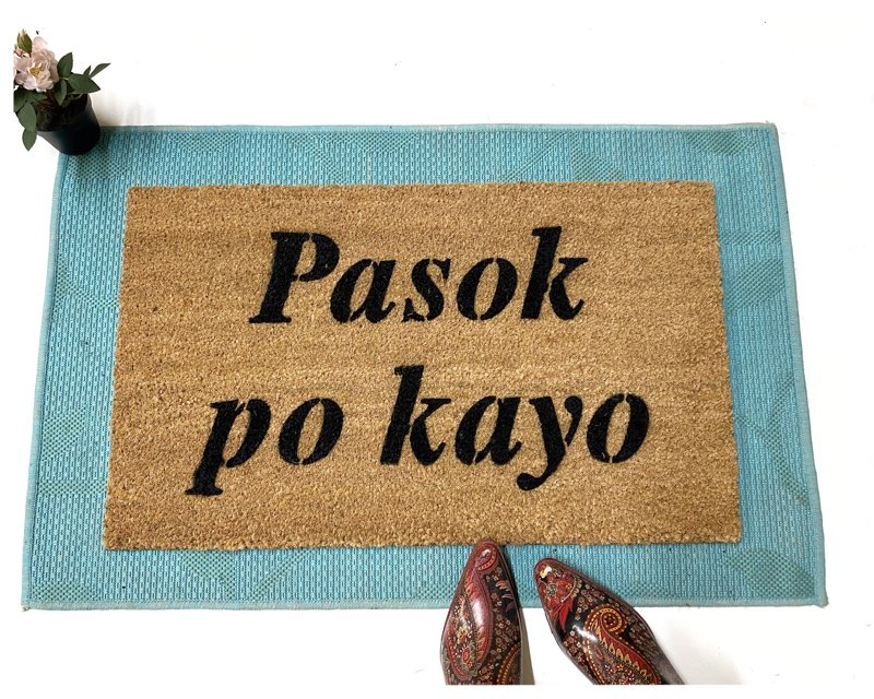 Filipino Pasok po kayo welcome coir doormat photo with paisley boots