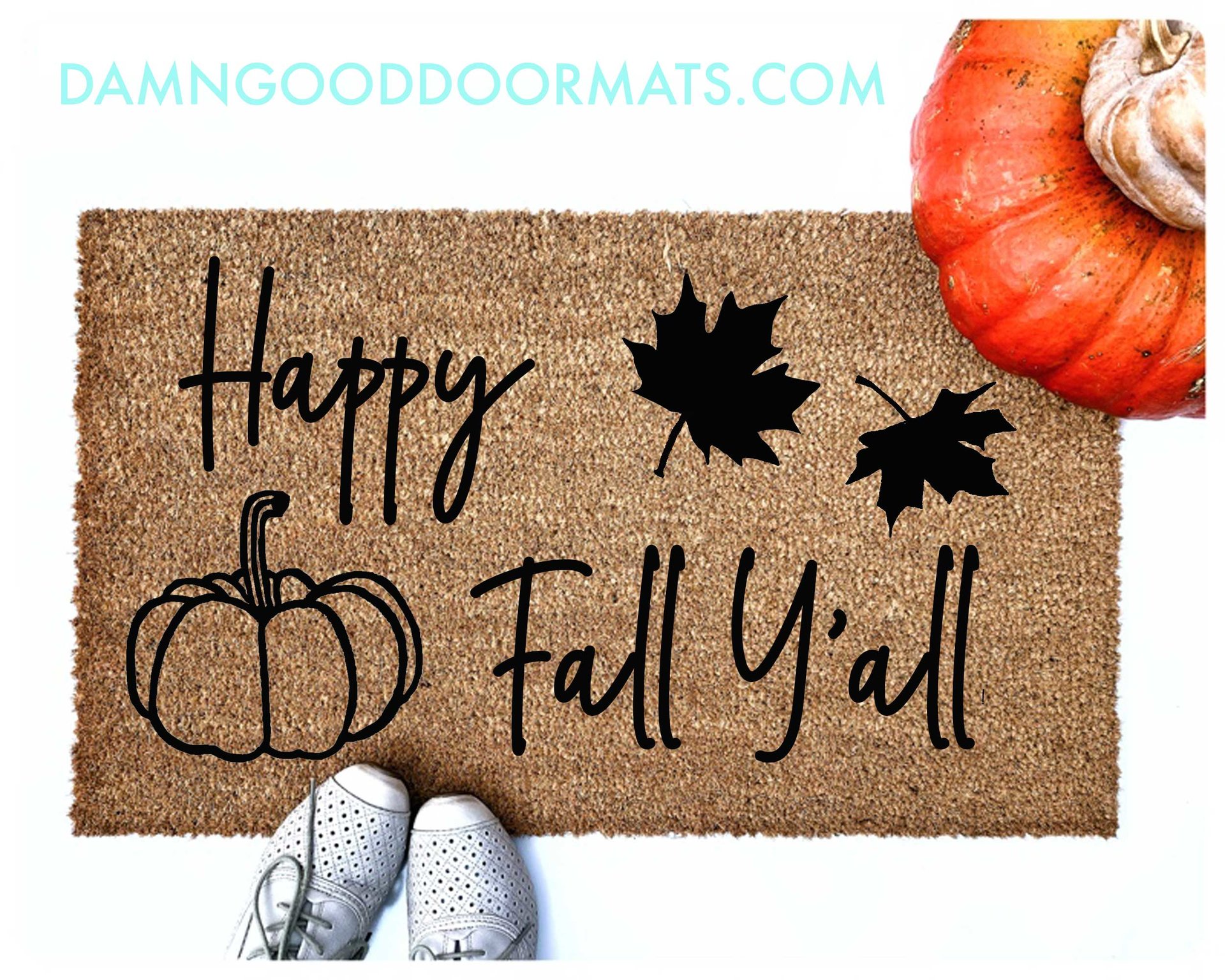 lifestyle Happy Fall Y'all Pumpkin Falling leaves coir outdoor Doormat with shoe