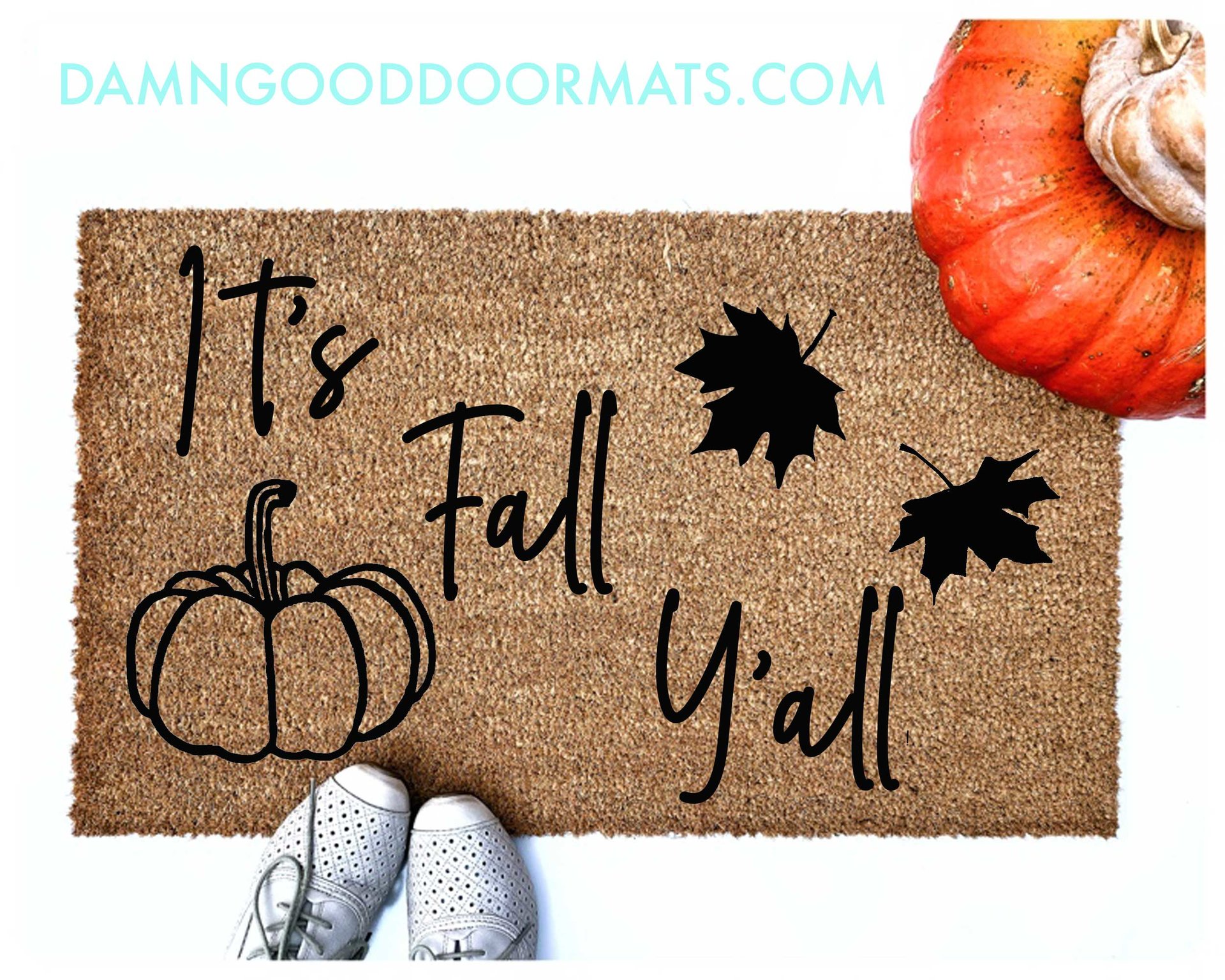 Lifestyle It's Fall Y'all Pumpkin Falling leaves Doormat with pumpkin and shoes