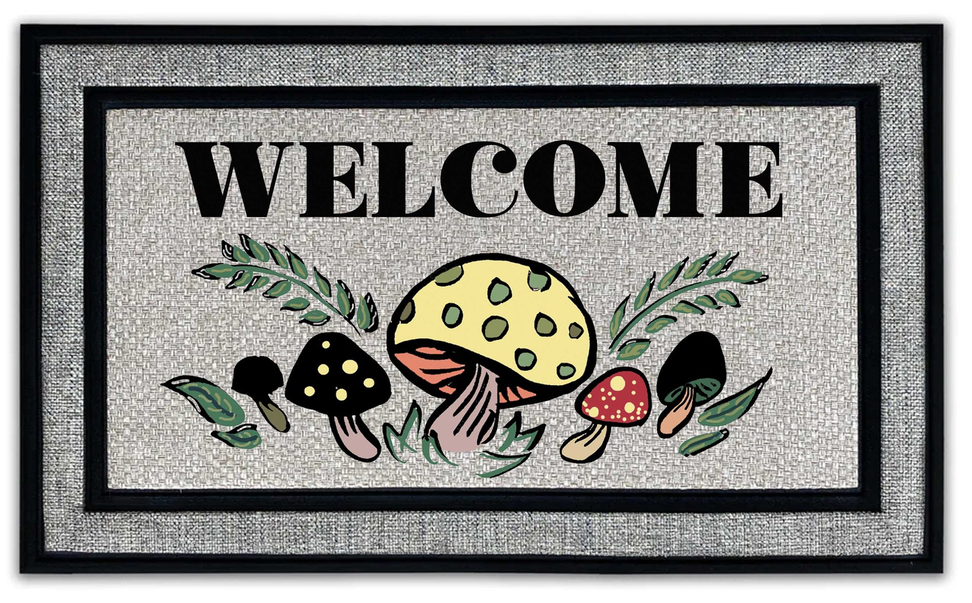 photo of coir outside door mat with vintage 70s groovy mushroom design Welcome