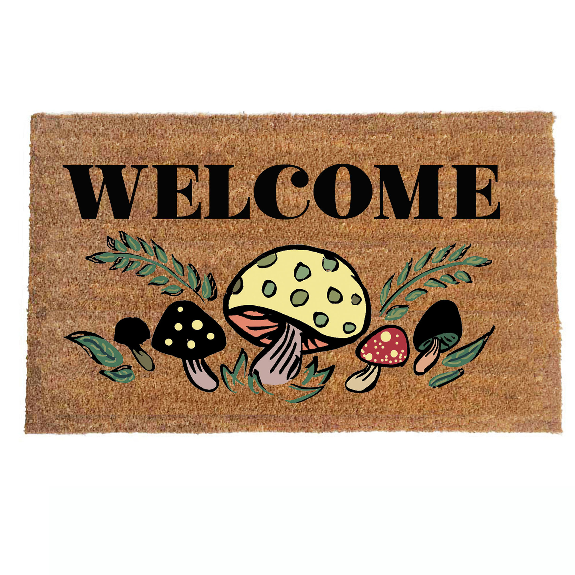 photo of coir outside door mat with vintage 70s groovy mushroom design Welcome