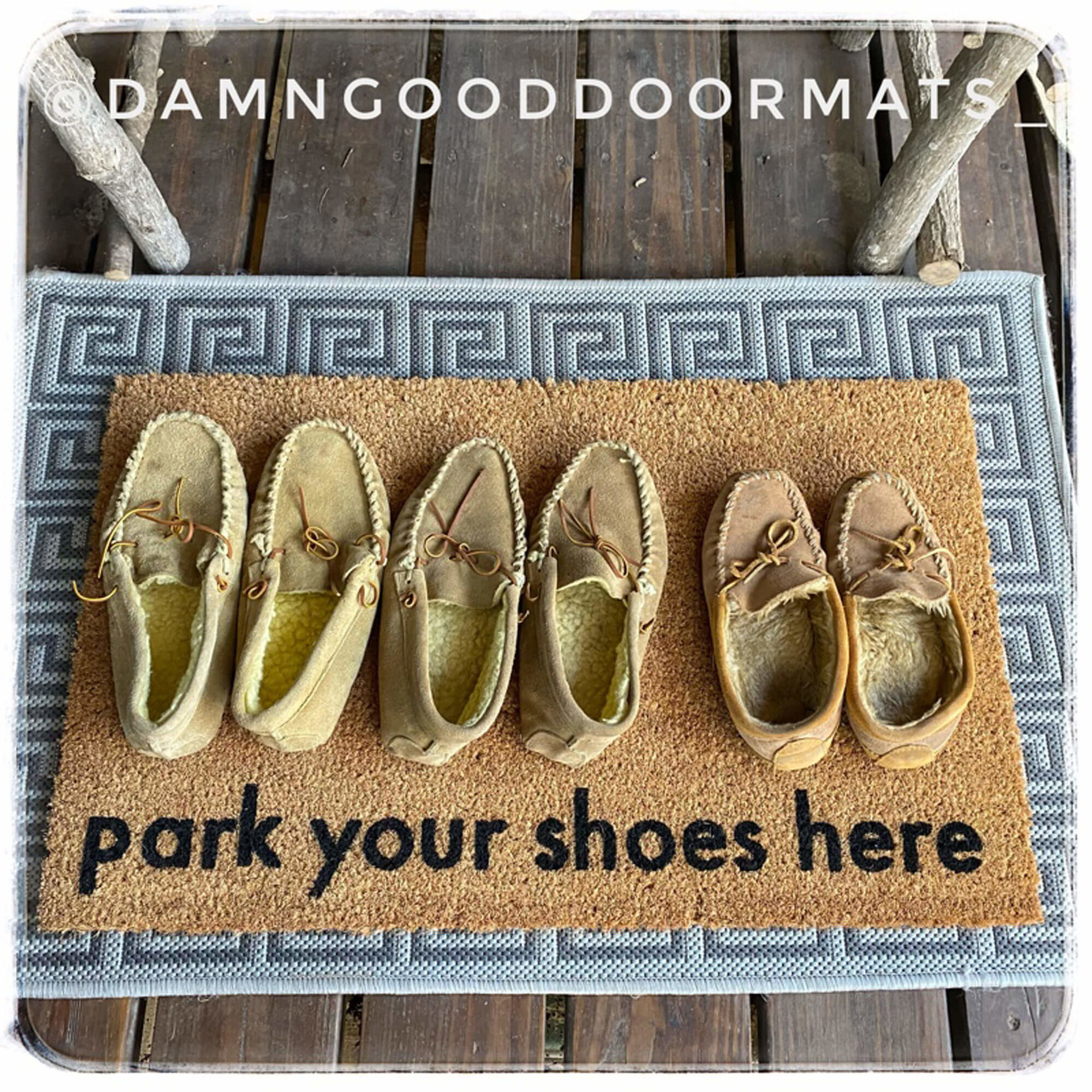 Park your shoes here, funny doormat with 3 pairs of slippers on it