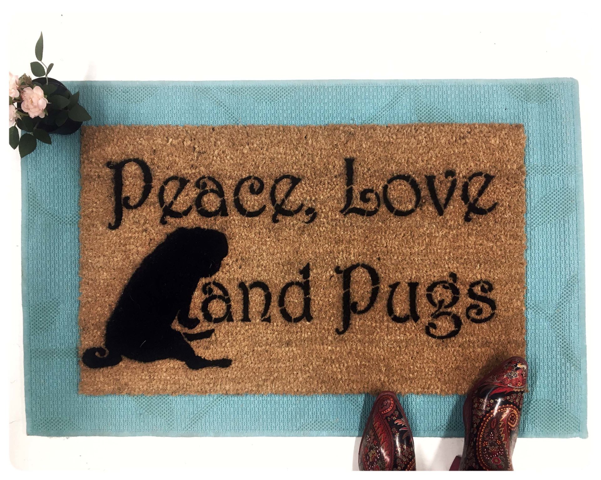 Peace Love & Pugs doormat dog lover gift