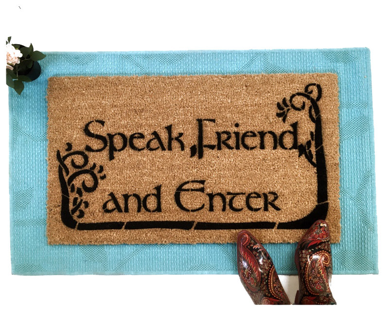 picture of an outdoor coir doormat reading Speak, Friend, and Enter