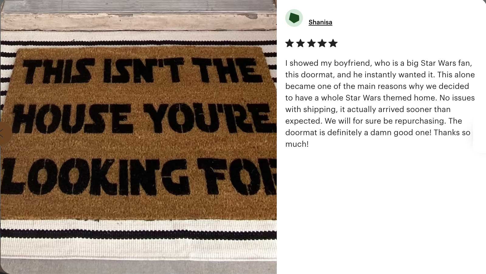 5 star review for damn good doormat "Isn't the house you're looking for" doormat