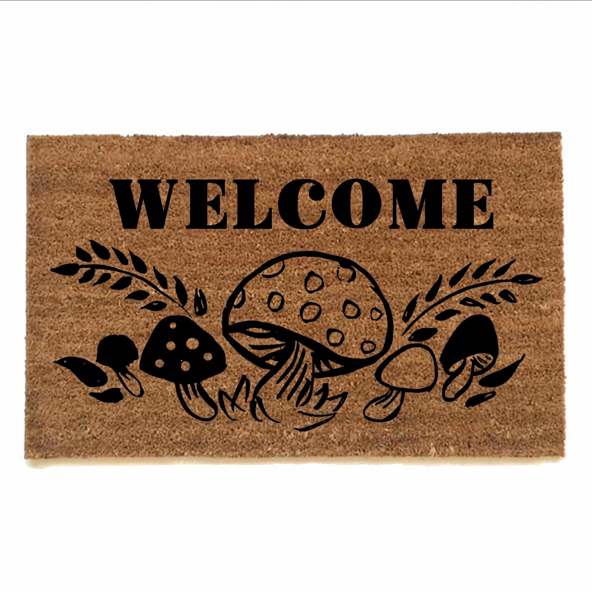 photo of coir outside door mat with vintage 70s groovy mushroom design Welcome