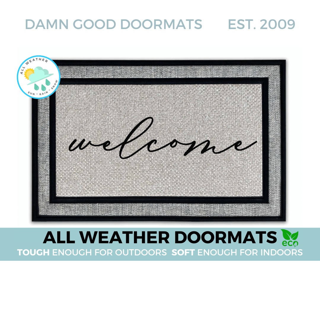 handwritten cursive welcome on an all weather doormat
