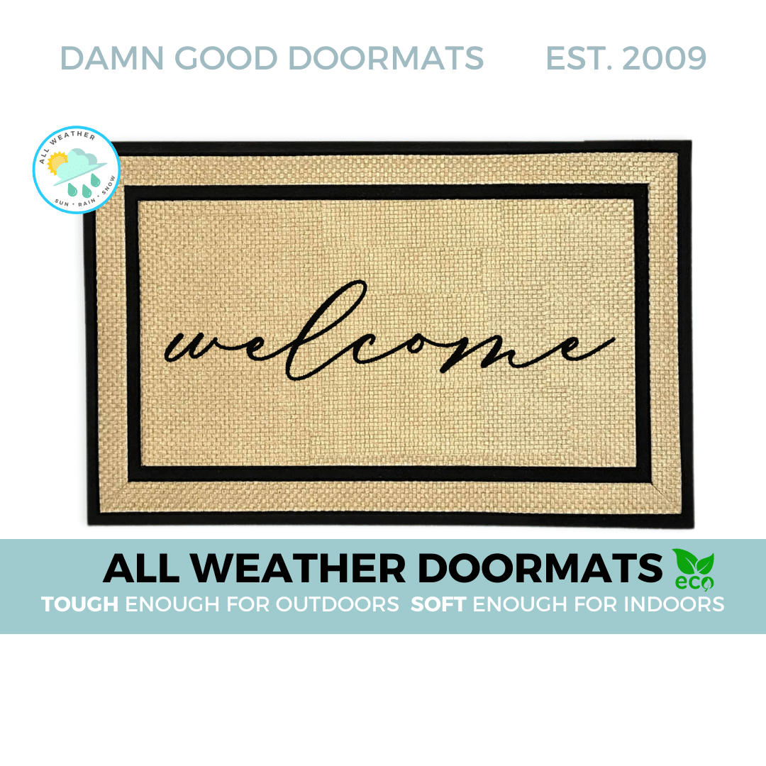 handwritten cursive welcome on an all weather doormat