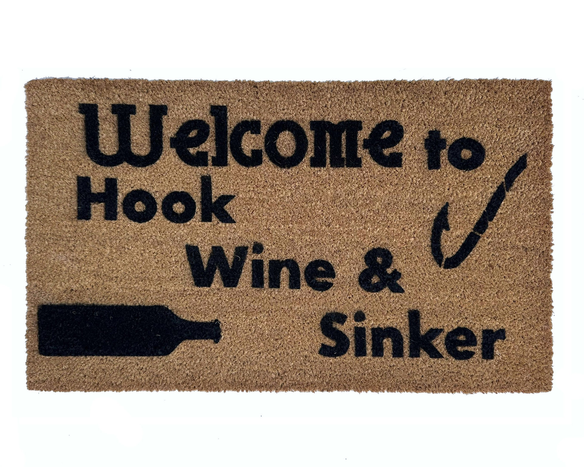 Hook, Line, Sinker fisherman's  doormat witha wine bottle and fishing hook