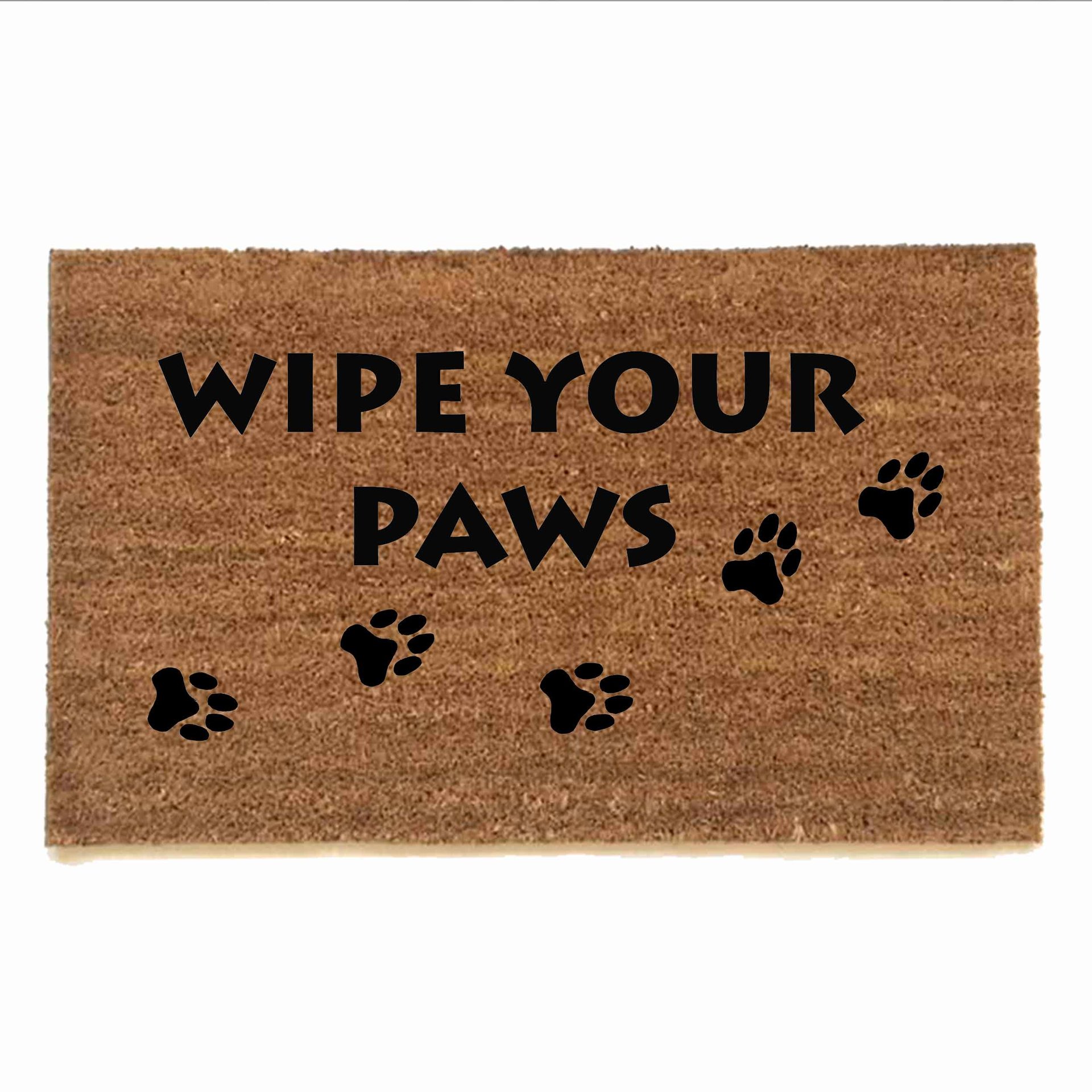 sustainable coir doormat with dog paw prints reading "wipe your paws"