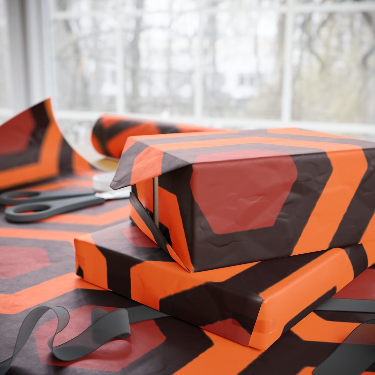 Overlook Hotel Retro Hexagon Pattern Wrapping Paper | Orange Brown Geometric Gift Wrap