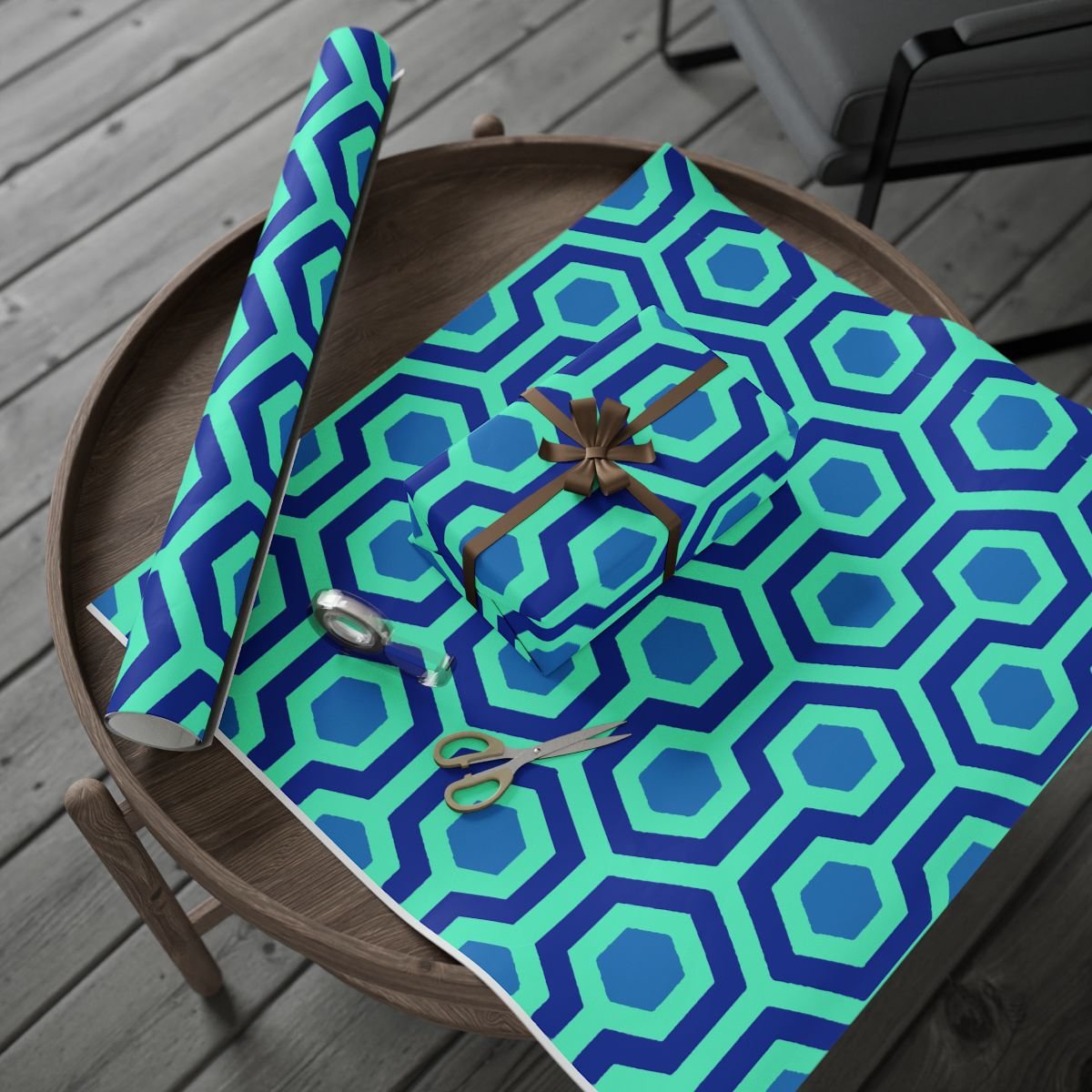 Overlook Hotel Retro Hexagon Pattern Wrapping Paper | Blue Geometric Gift Wrap