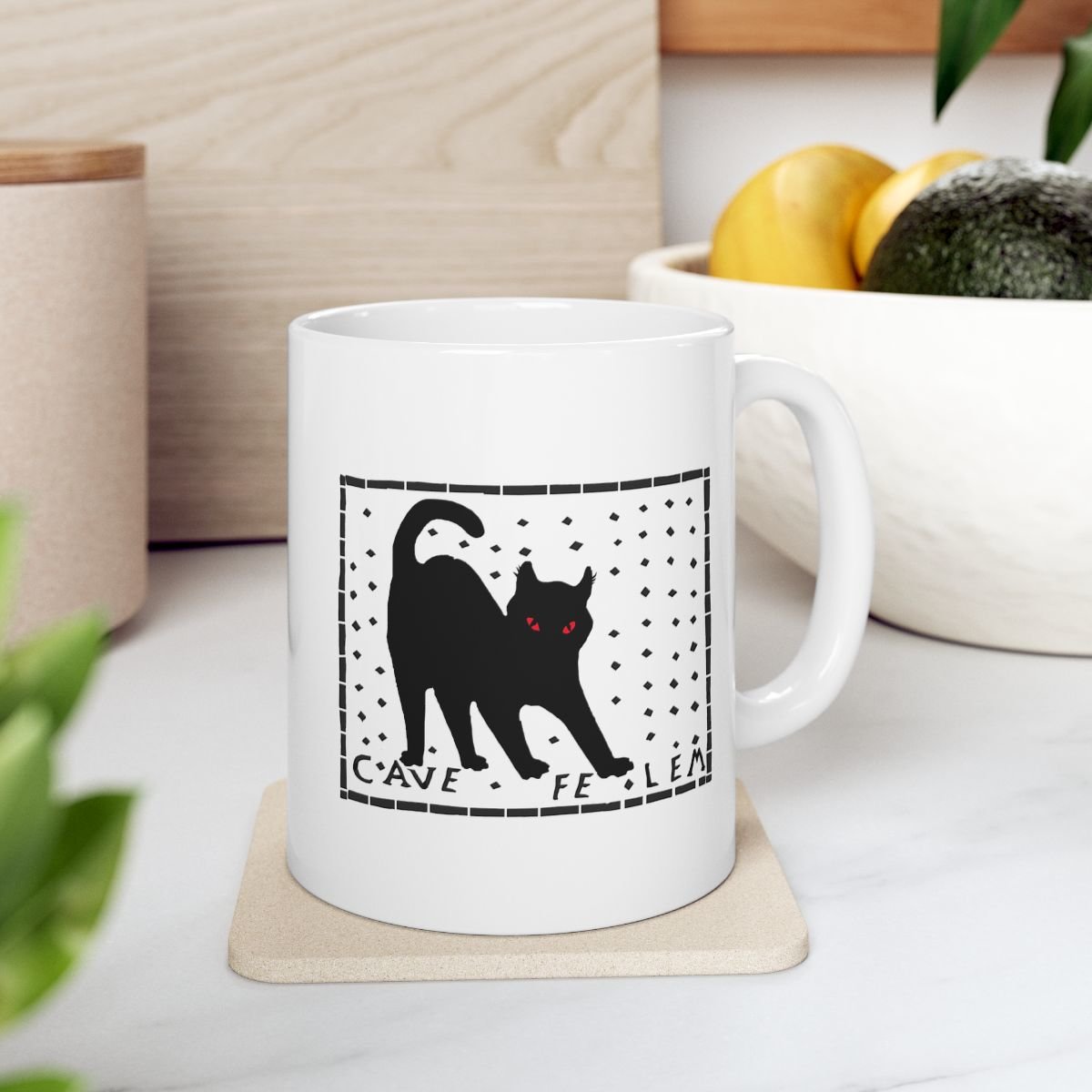 Pompeii Mosaic 'Beware of Cat' Ceramic Mug | 11oz 15oz