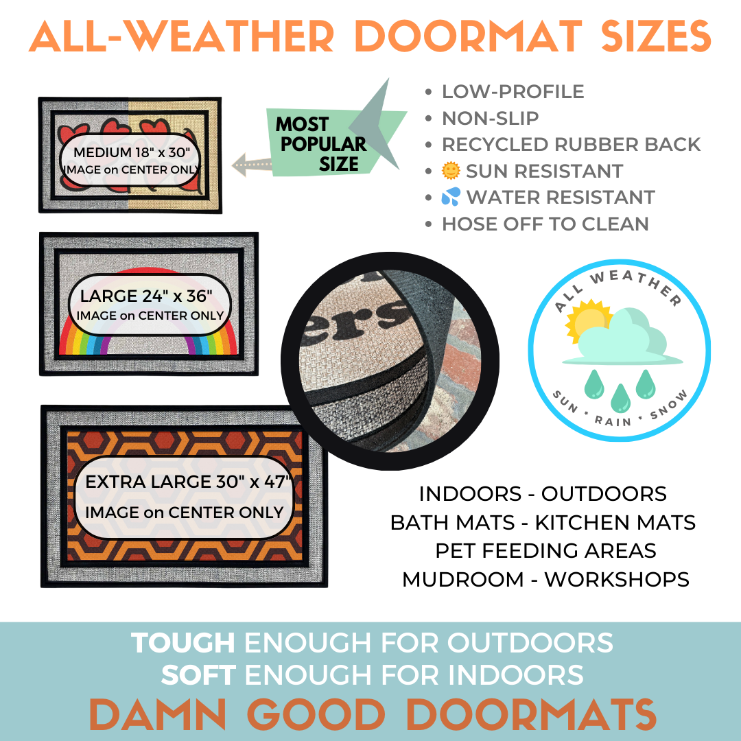 all weather welcome mats, non-slip, low-profile recycled rubber back 