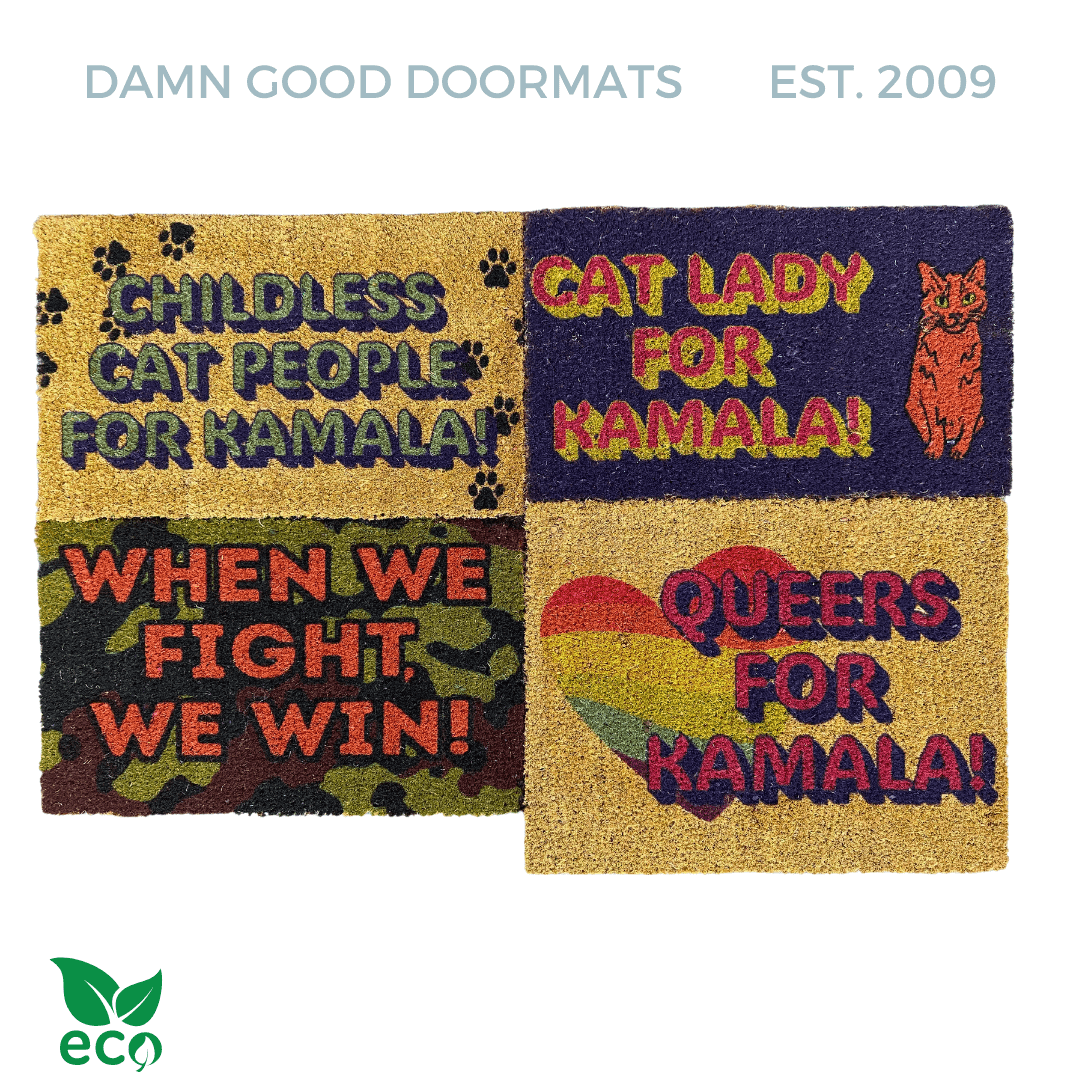 When we fight we win! | Orange camouflage doormat | Vote Blue Harris Walz President 2024