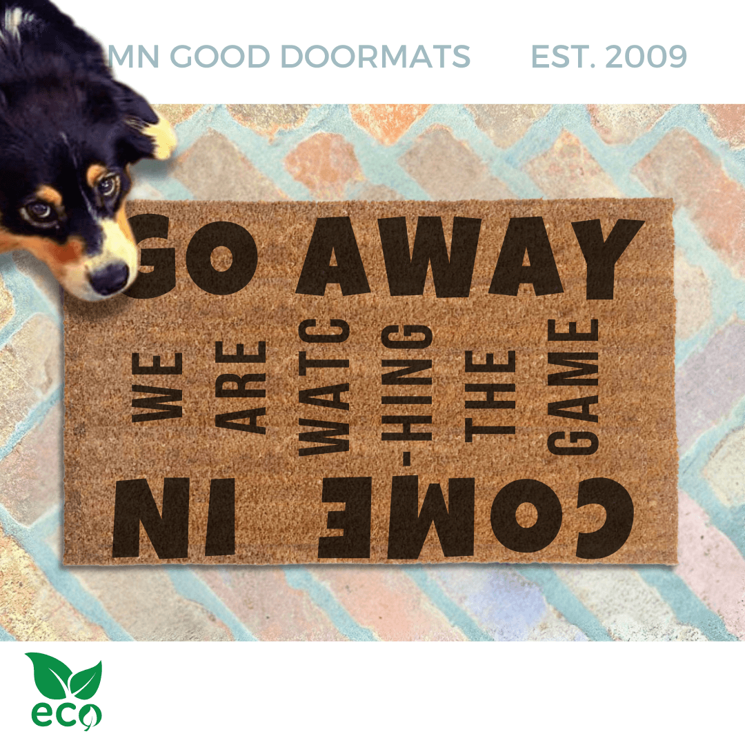 Go Away /Come In, We're watching the game door mat pictured with a shepard dog looking up