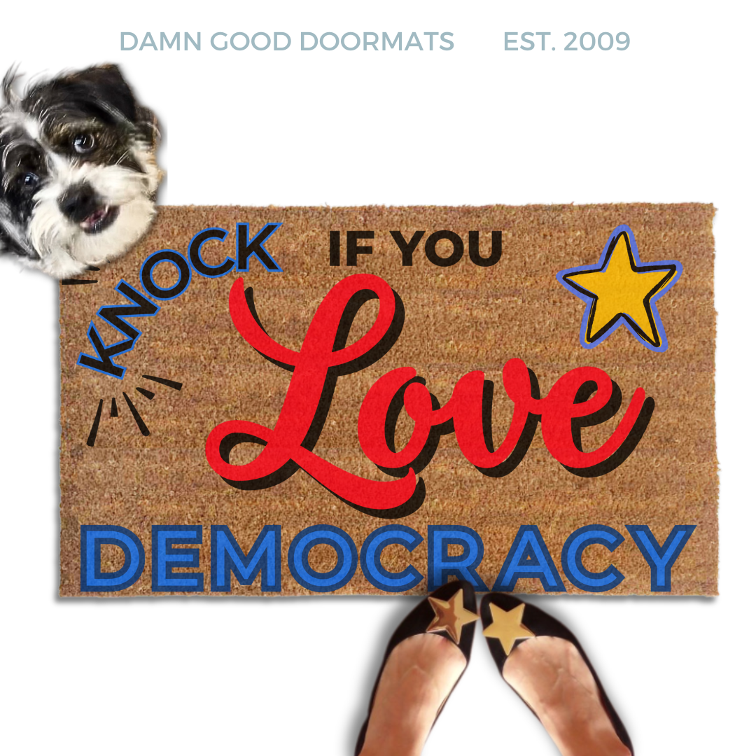 Knock if you love democracy door mat with cute terrier dog and gold star shoes