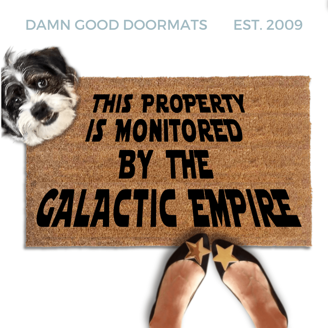 This Property Monitored by the Galactic Empire Doormat with cute terrier dog looking up and a woman in black flats with gold stars on the toes