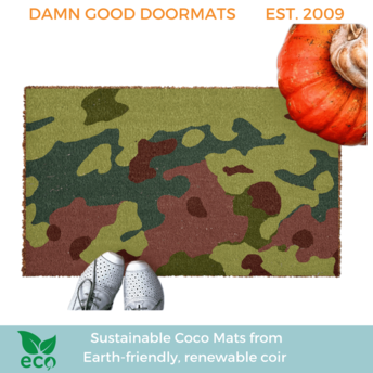 all natural coir doormat with a khaki camouflage camo pattern and pumpkin