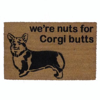 coir outdoor doormat with a welsh corgi drawing saying were nuts for corgi butts