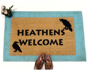 Heathens Welcome doormat with Hugin & Munin Ravens Norse mythology Odin