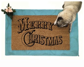 promo picture of a doormat reading Merry Christmas in old fashioned lettering