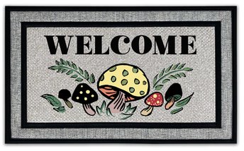 photo of coir outside door mat with vintage 70s groovy mushroom design Welcome