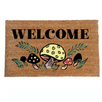 photo of coir outside door mat with vintage 70s groovy mushroom design Welcome
